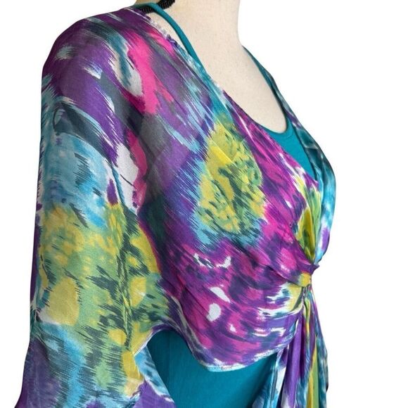 Gibson Teal Tank With Watercolor Silk Overlay Top Sz S - Picture 2 of 15